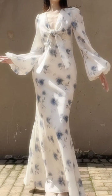 Elegant Mermaid Long Sleeve Blue Floral Chiffon Prom Dress Party Dress Outfits HZ1023